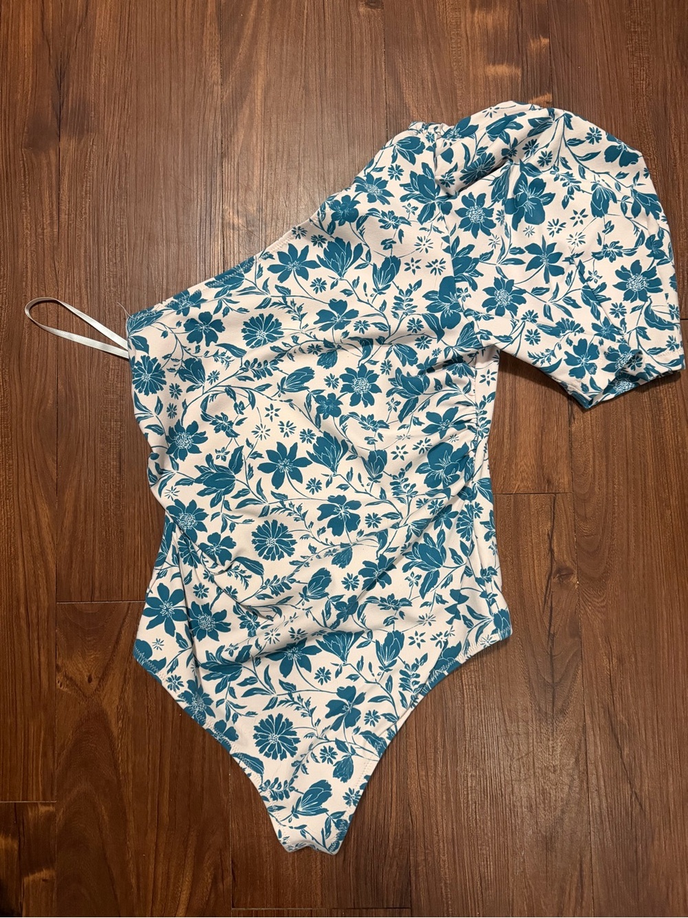 Free People One-Shoulder Floral Bodysuit in Teal and White